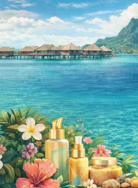 Lagon et produits de soin entourés d'hibiscus